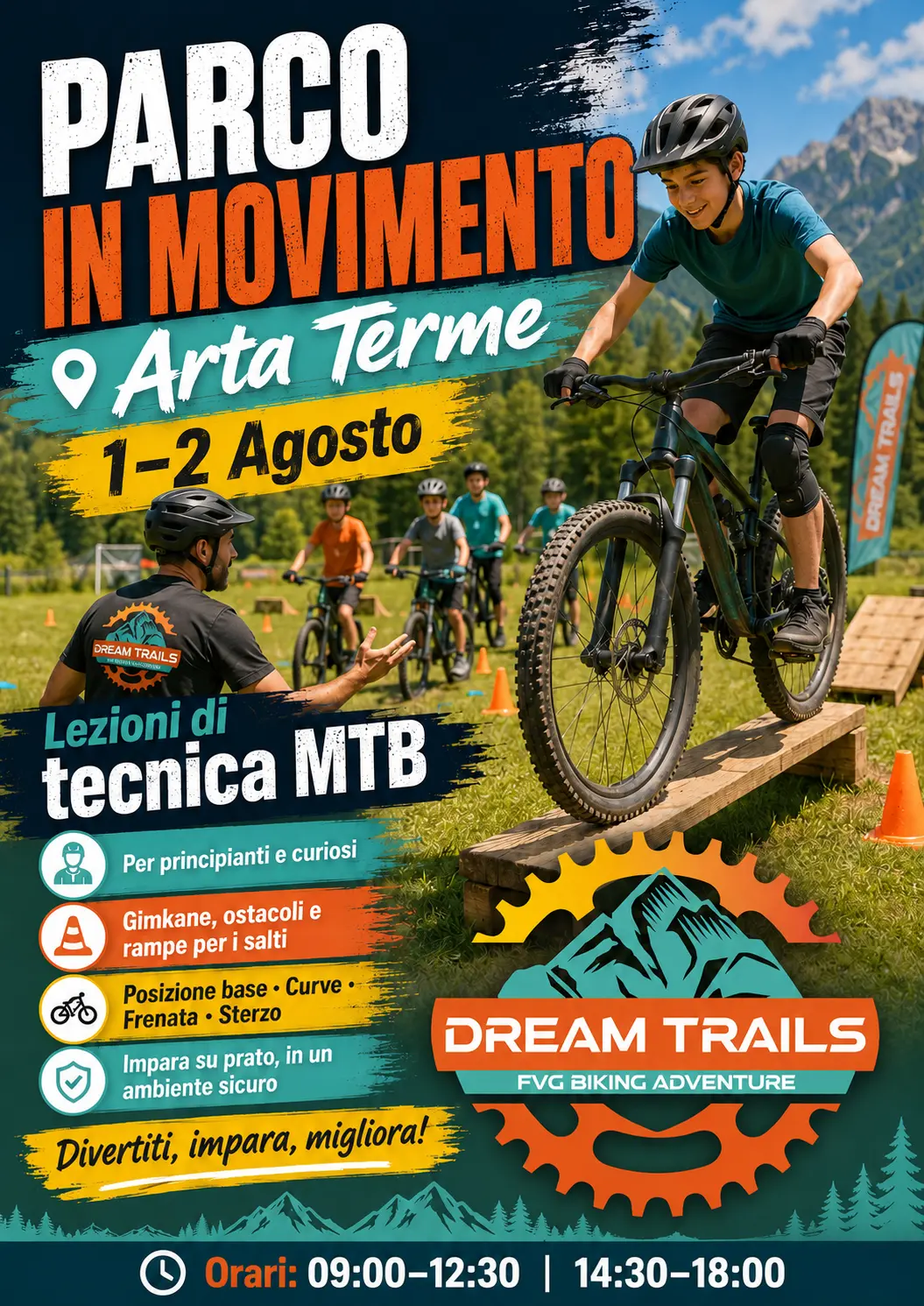 Locandina di Parco in Movimento ad Arta Terme con lezioni di tecnica MTB Dream Trails il 1° e 2 agosto 2026